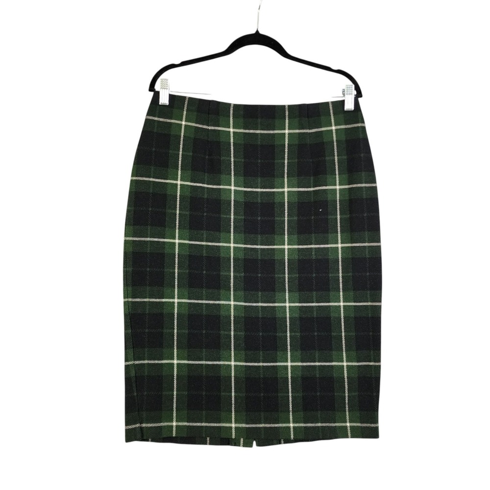 J Jill Womens Plaid Pencil Skirt Size Medium Green Black Stretch Lined Preppy